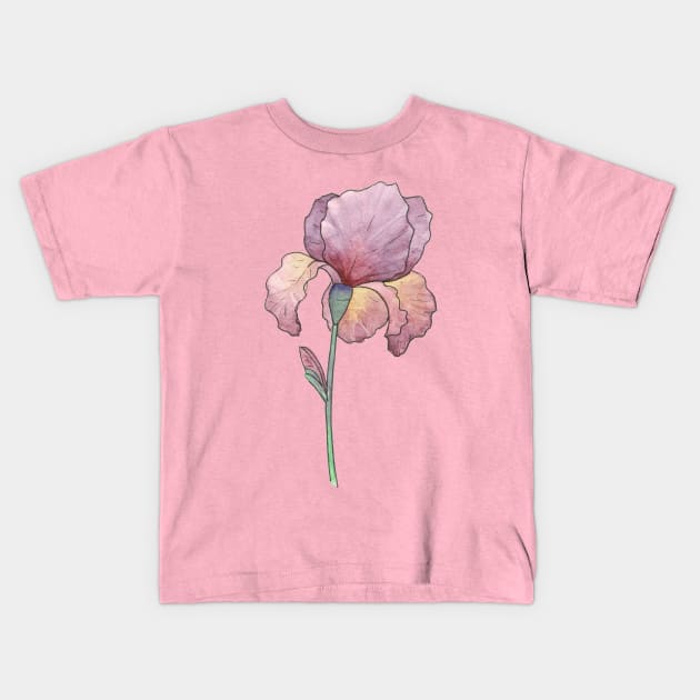 Purple Iris Inked Watercolor Painting Kids T-Shirt by Danica Templeton Art